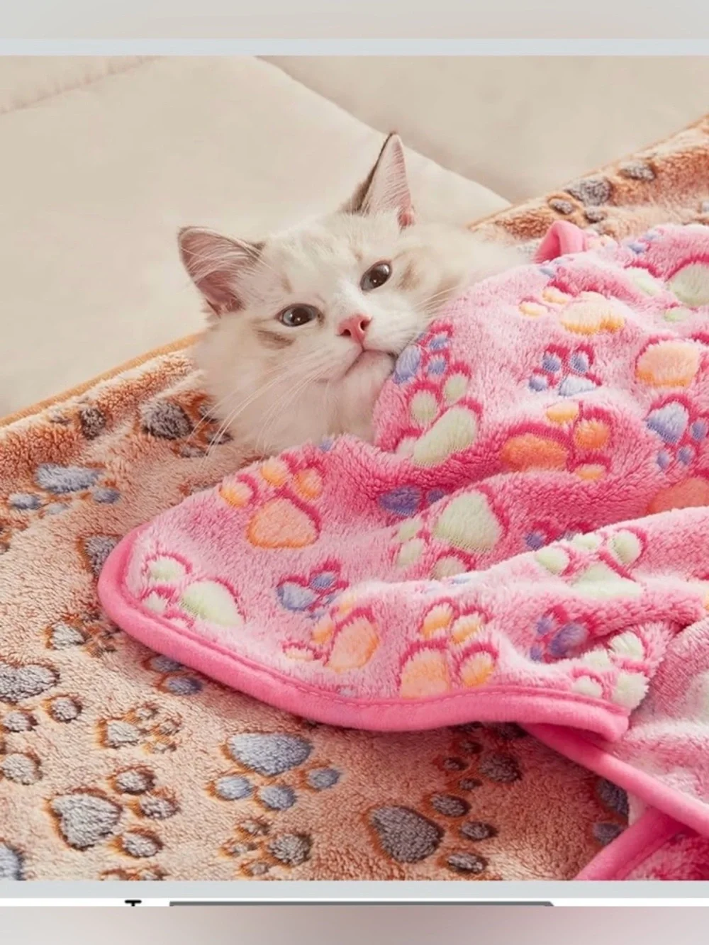 Plush Paw Print Pet Blanket Stack - Beige, Pink, White
